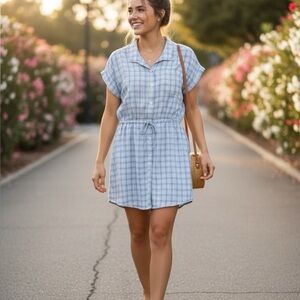 JAPNA 100% Cotton Plaid Short Sleeve Shirt Dress Button Front Hi-Lo Hem Sz XL